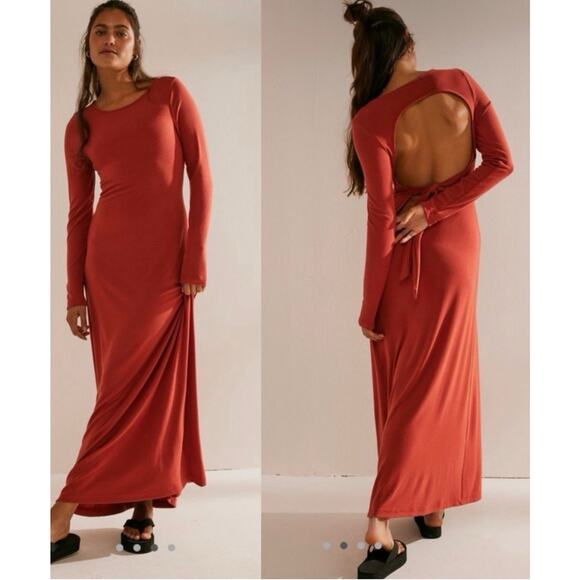 Free People Beach Burnt Orange Long Sleeve Backless Body-Con Maxi Dress Small - Picture 1 of 11